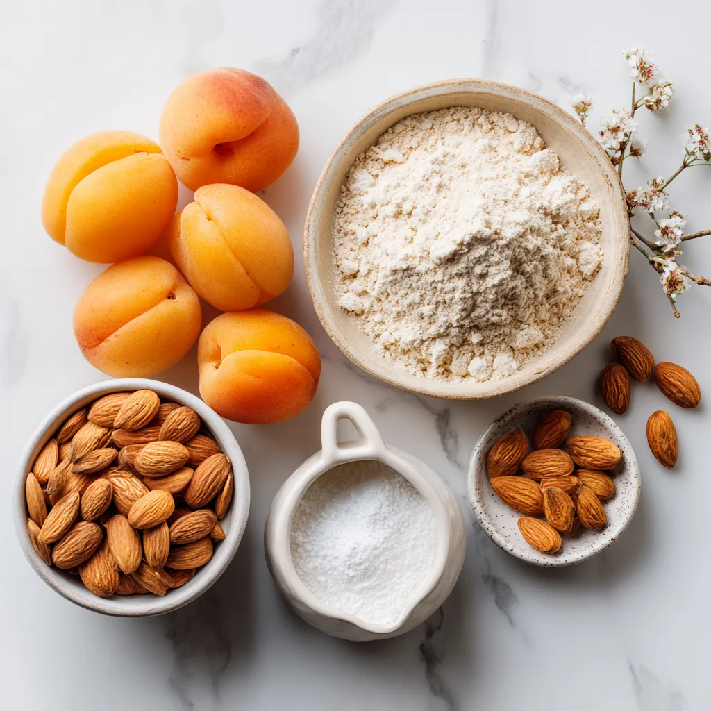 Ingrédients du crumble abricots amandes disposés en flat lay sur marbre blanc
