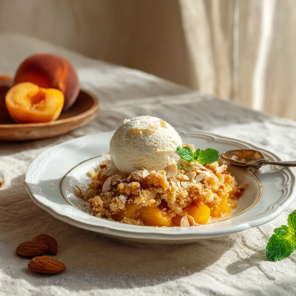Crumble abricots amandes servi avec glace vanille sur table élégante