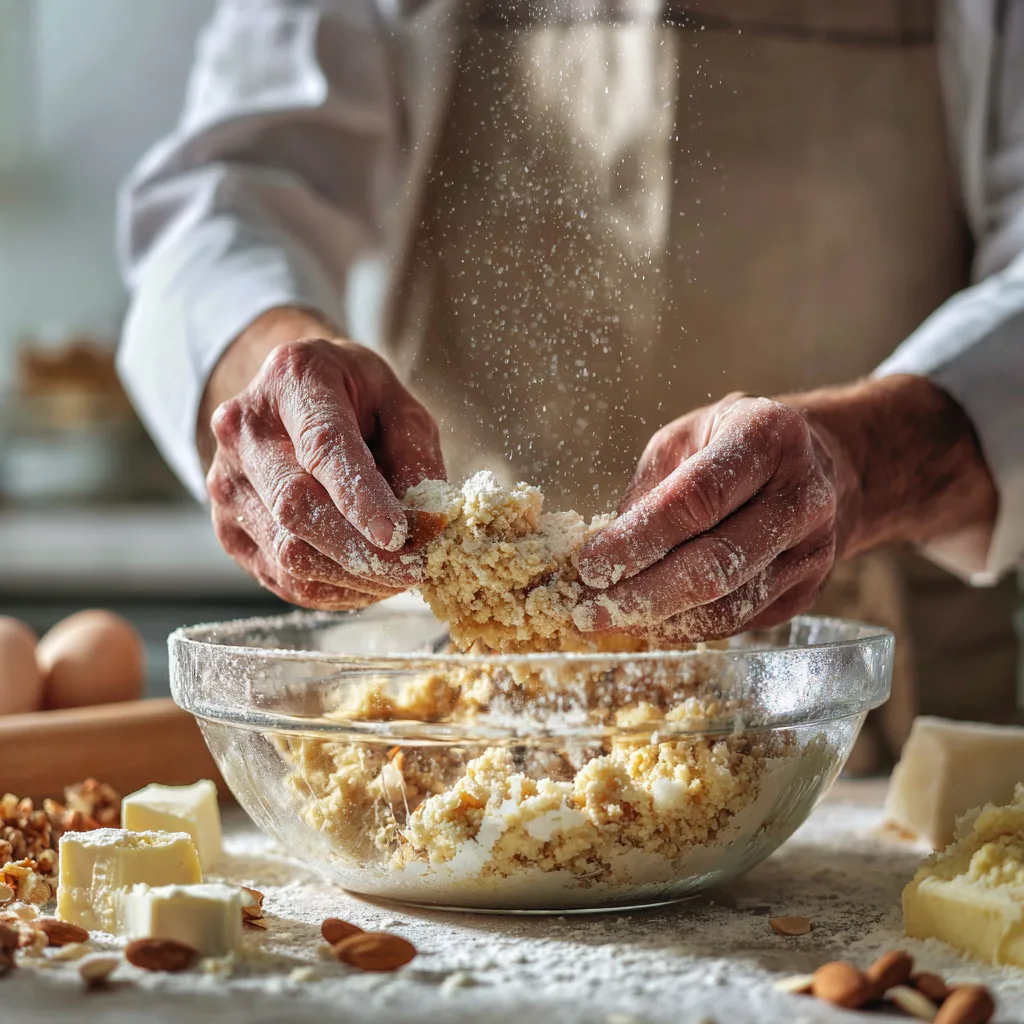 Préparation de la pâte à crumble abricots amandes du bout des doigts
