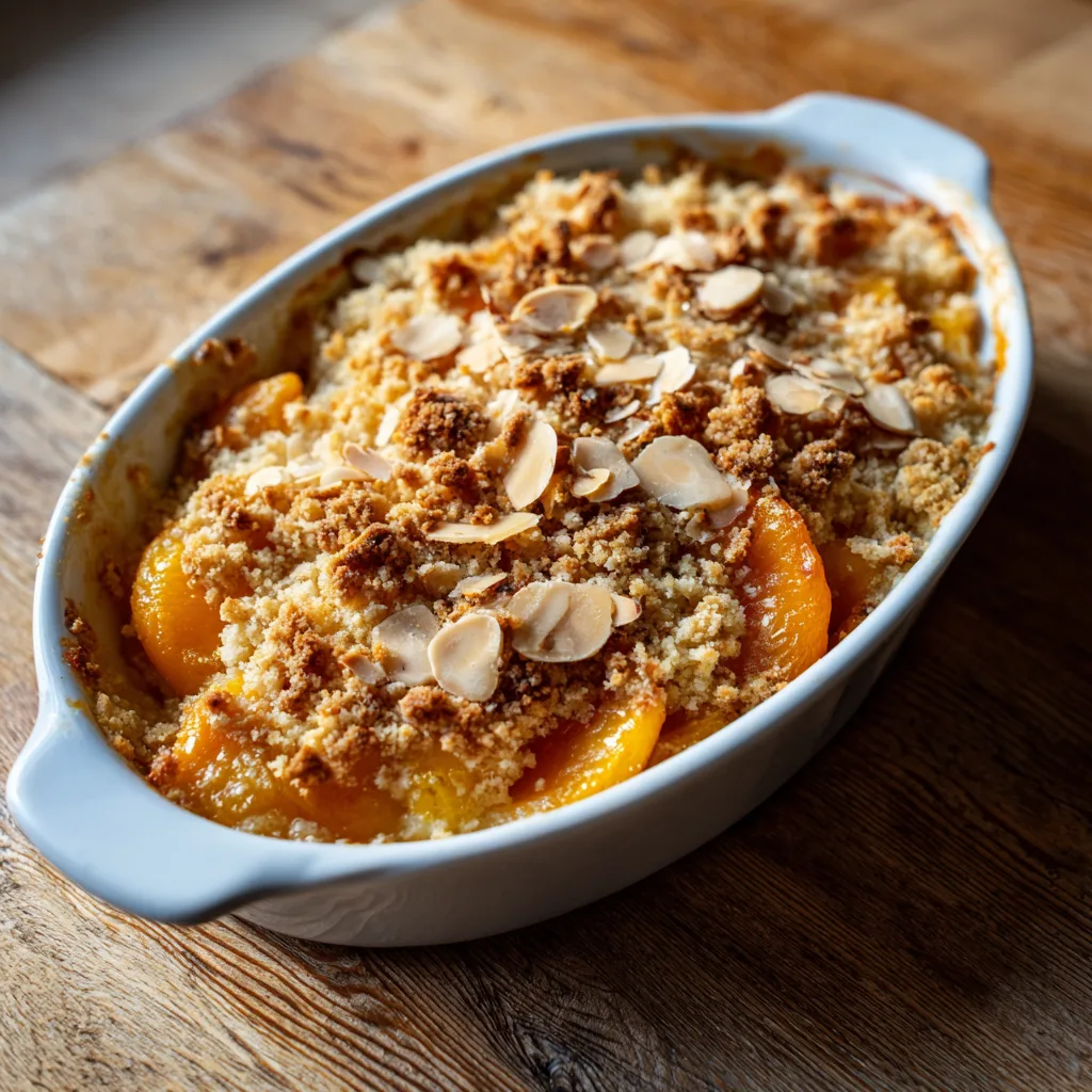 Crumble abricots amandes croustillant dans un plat en céramique vue de dessus