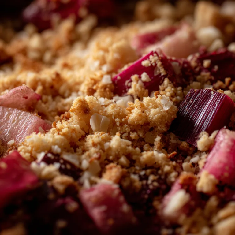 Gros plan texture crumble fraise rhubarbe noix de coco croustillant