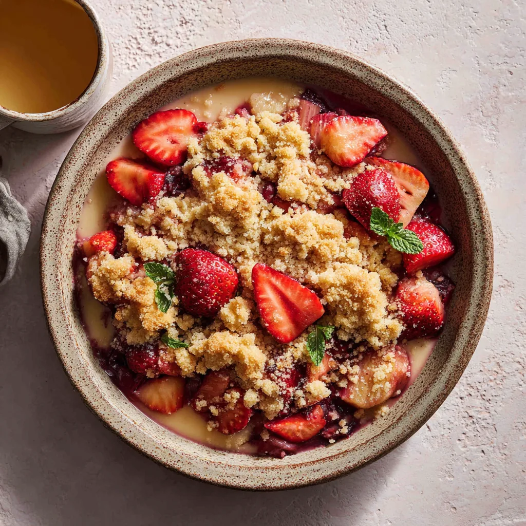 Crumble fraise rhubarbe à la noix de coco, vue de dessus dans un plat en céramique