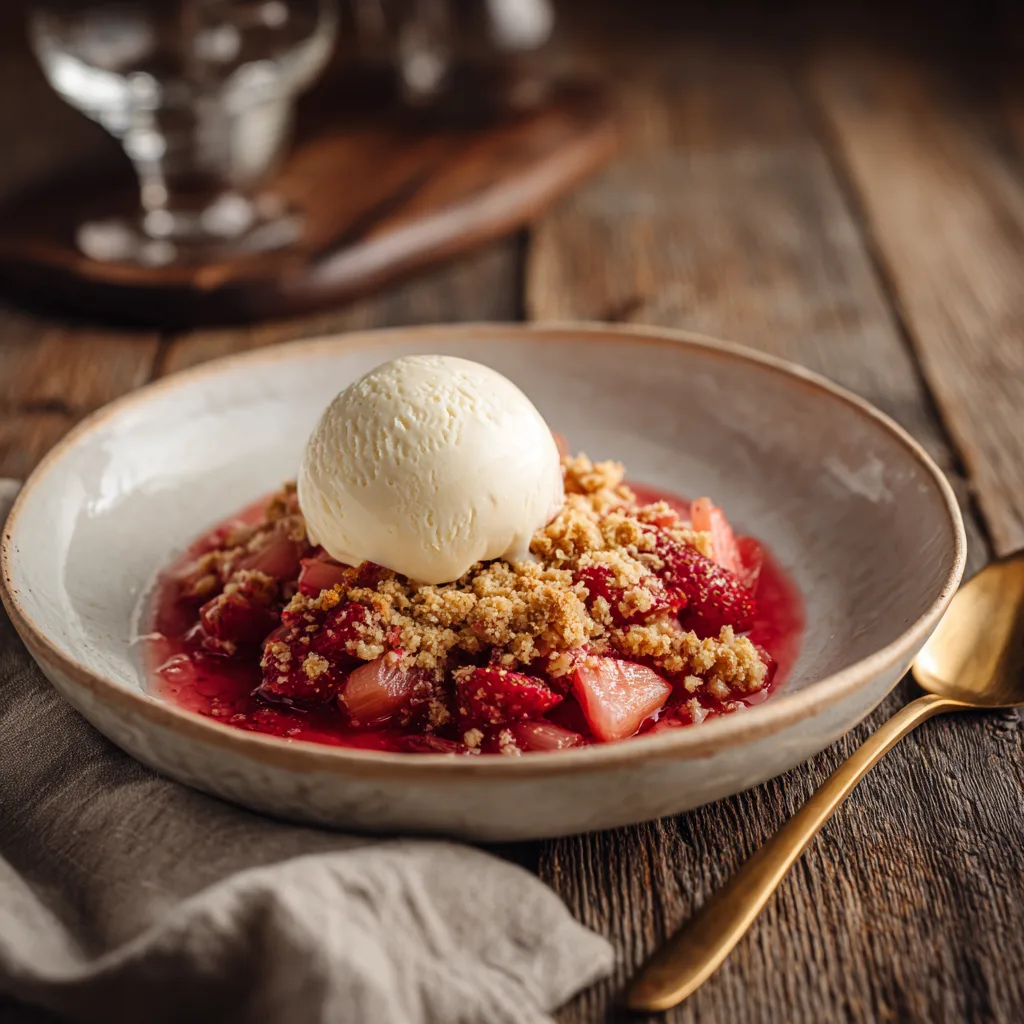 part de crumble fraise rhubarbe pomme servi avec glace vanille