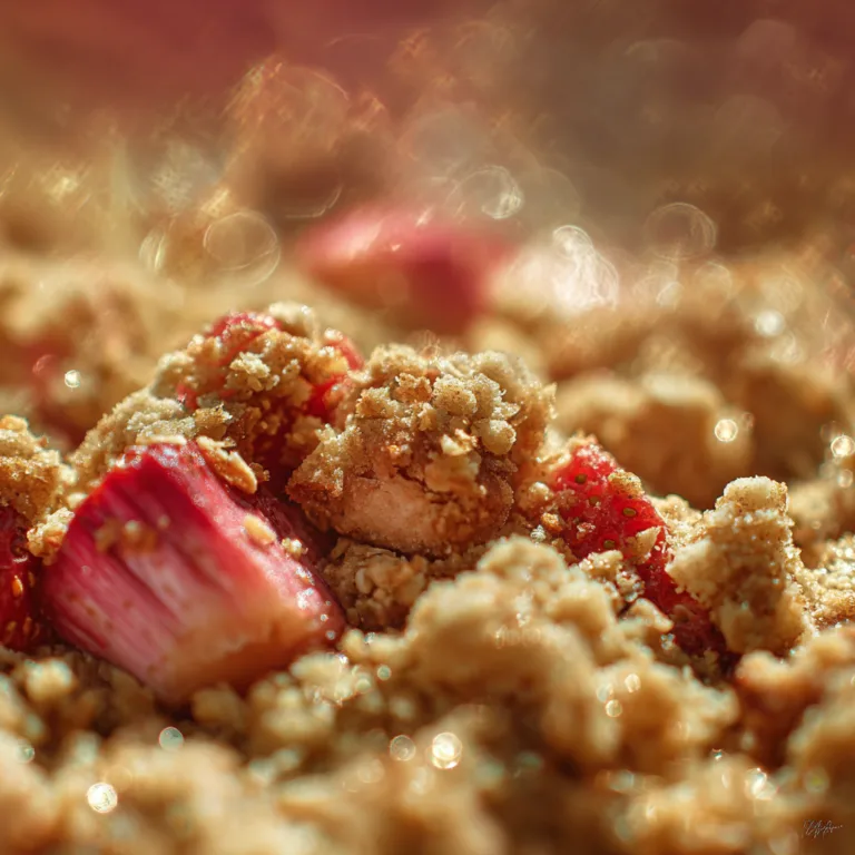 gros plan texture crumble fraise rhubarbe pomme croustillant