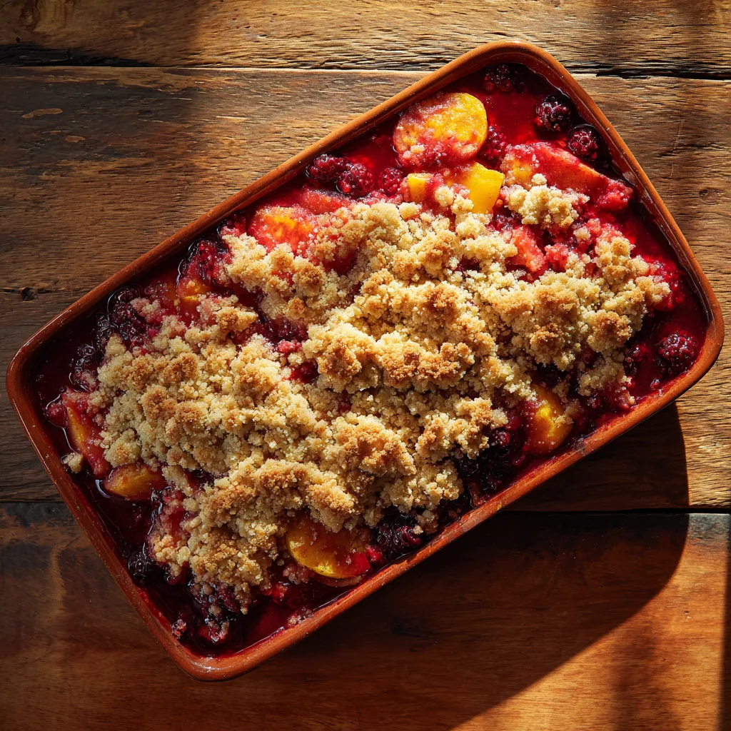 crumble fraise rhubarbe pomme maison dans un plat en terre cuite vue de dessus