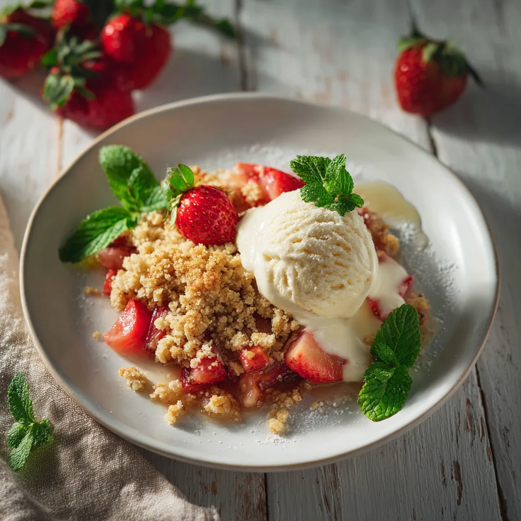 Crumble fraise rhubarbe noix de coco servi avec boule de glace vanille