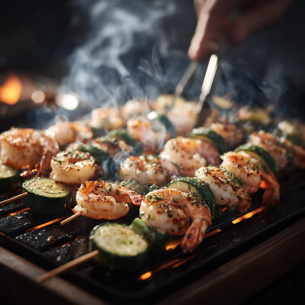Cuisson des brochettes de gambas aux courgettes sur plancha fumante