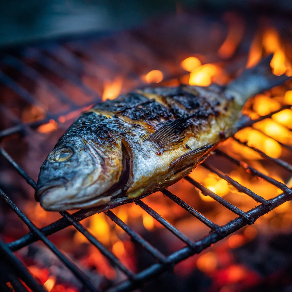 Dorade au barbecue au citron cuisson sur grille braises rougeoyantes