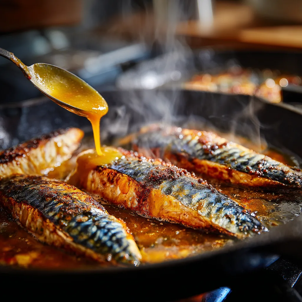 Cuisson des filets de maquereau sauce moutarde miel dans une poêle en fonte