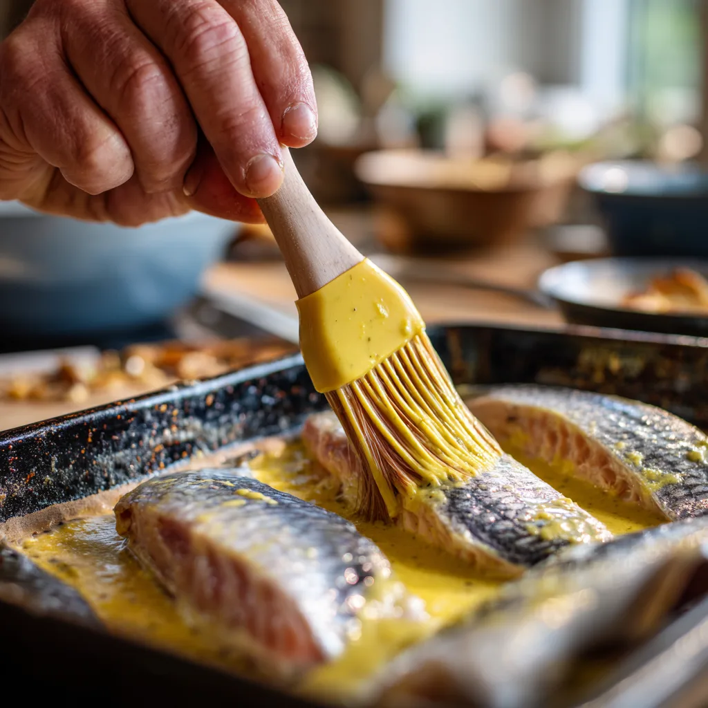 Napper les filets de maquereau avec la sauce moutarde miel avant cuisson