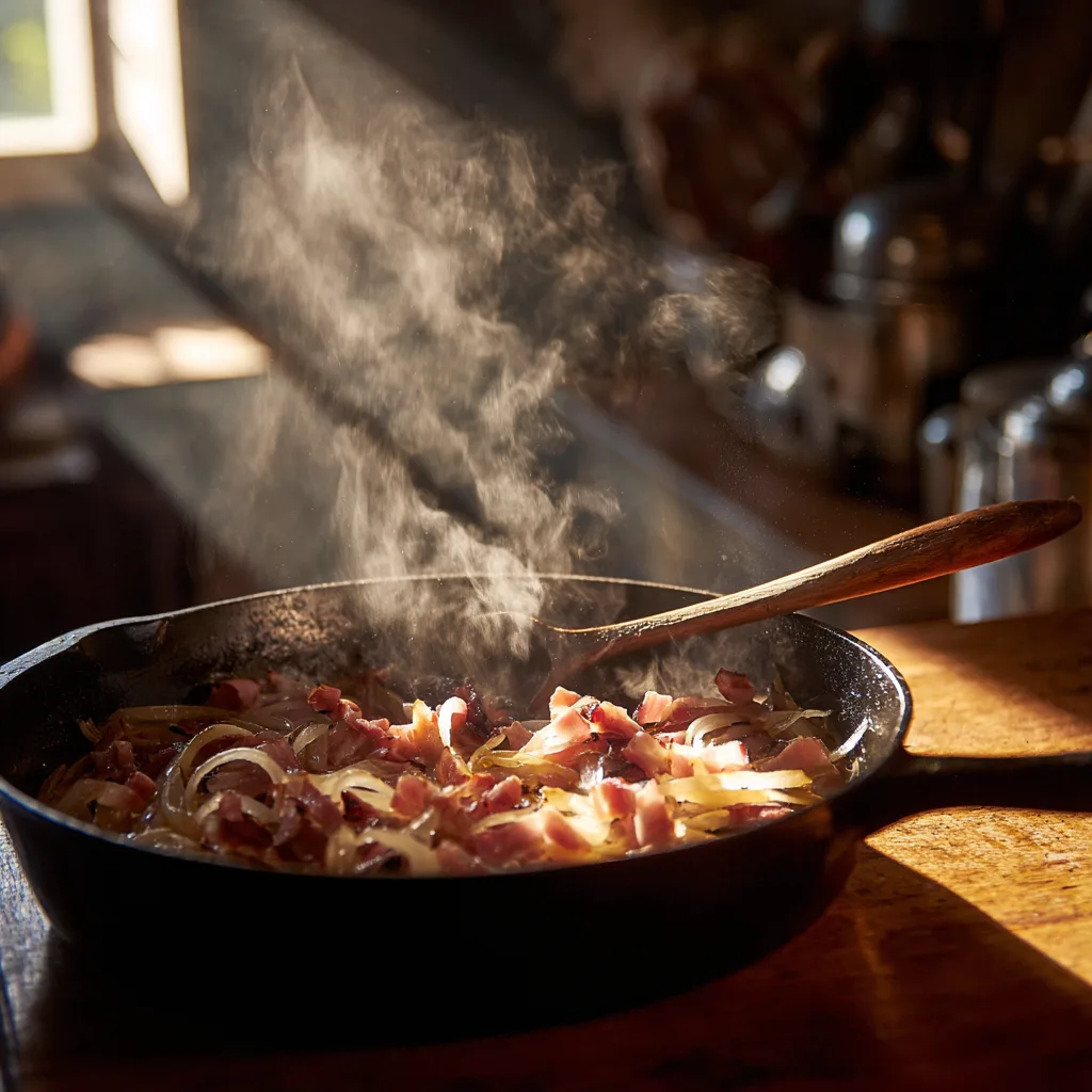 Cuisson des lardons et oignons pour la tartiflette au Reblochon dans une poêle en fonte