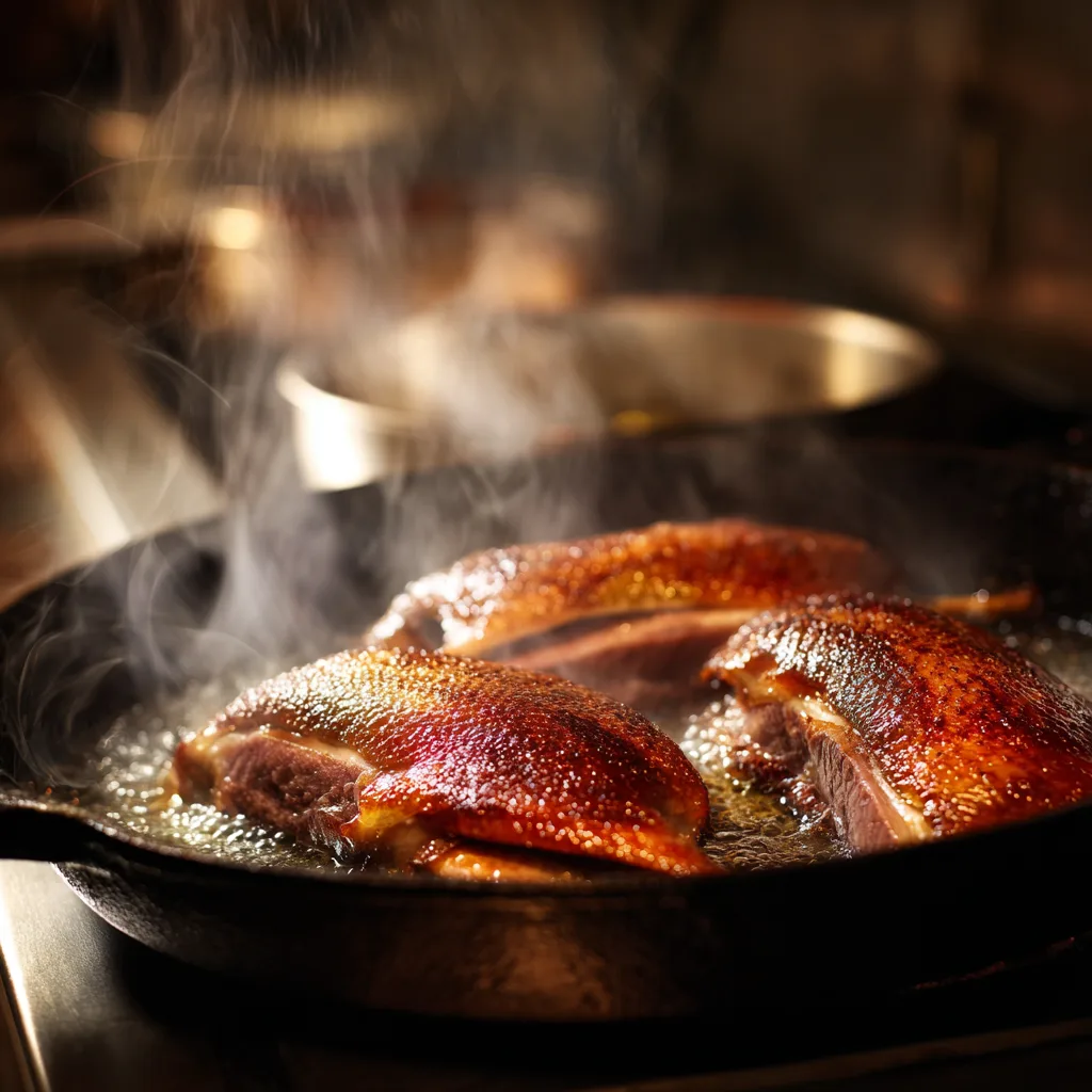 Magret de canard grillé en train de cuire côté peau dans une poêle en fonte