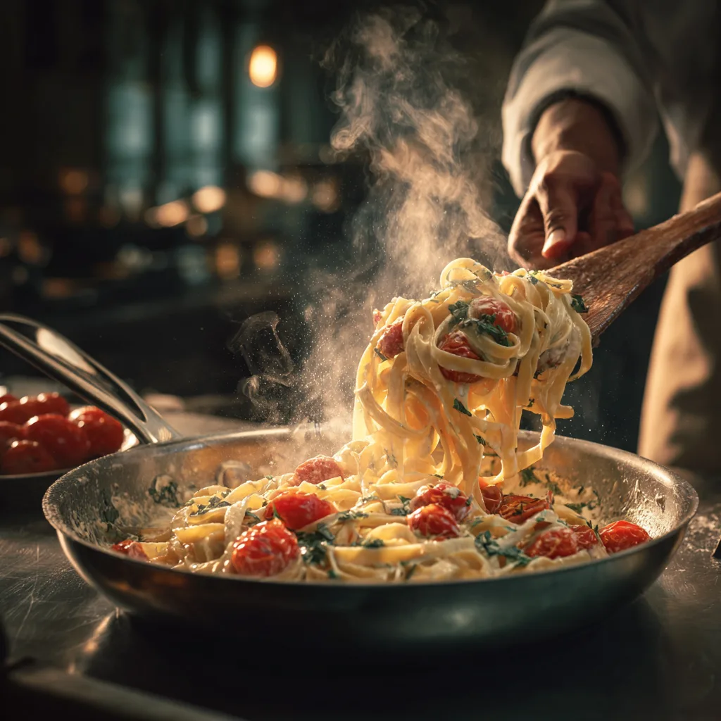 Mélange des pâtes crémeuses à la burrata dans une sauteuse avec les tomates cerises