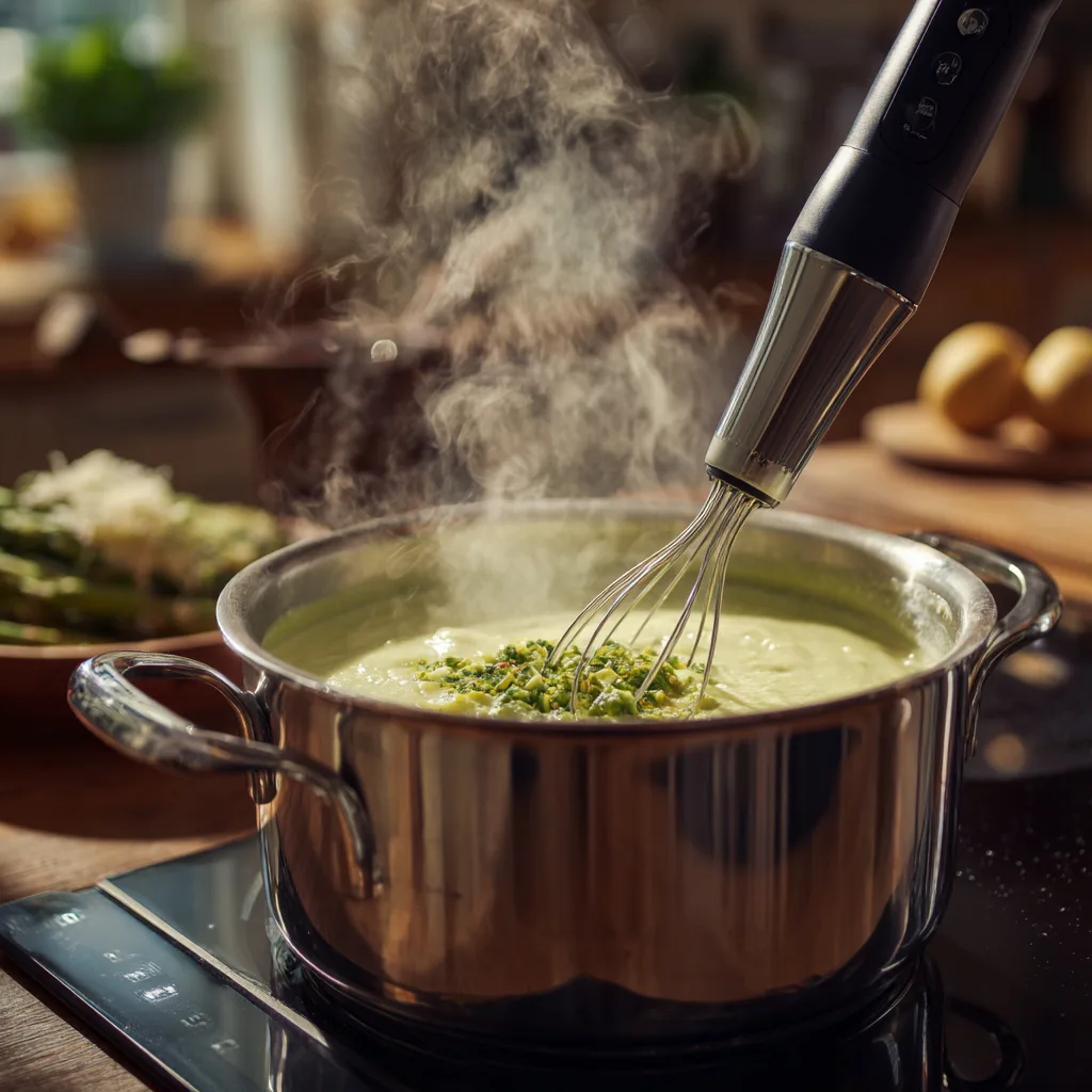 Mixage du velouté asperges pomme de terre avec un mixeur plongeant dans une casserole