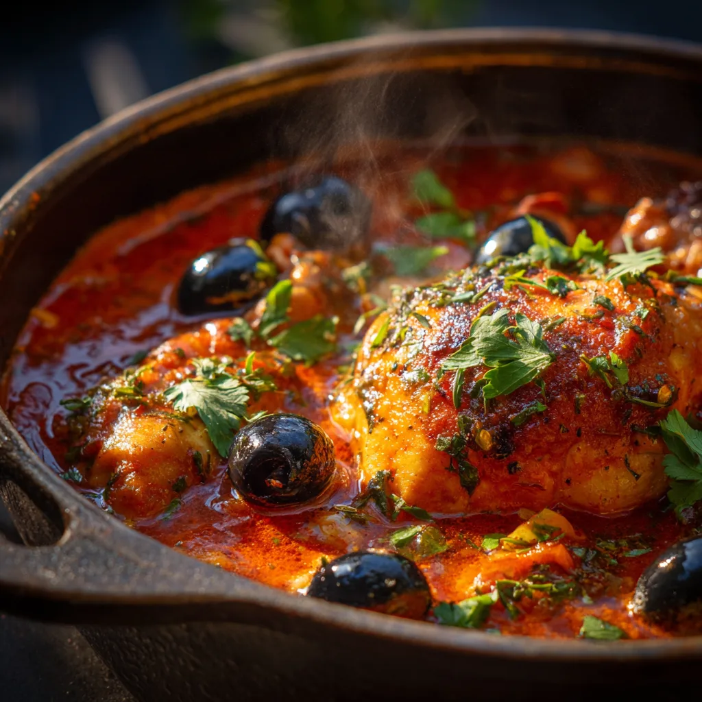 Poulet provençal aux herbes mijotant dans la sauce tomate aux olives
