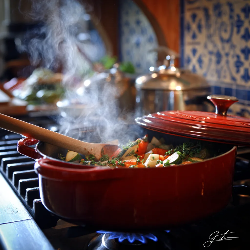 Cuisson de la Ratatouille Niçoise dans une cocotte en fonte rouge