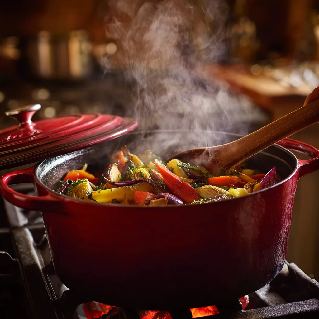 Cuisson ratatouille provençale maison légumes dans cocotte fonte