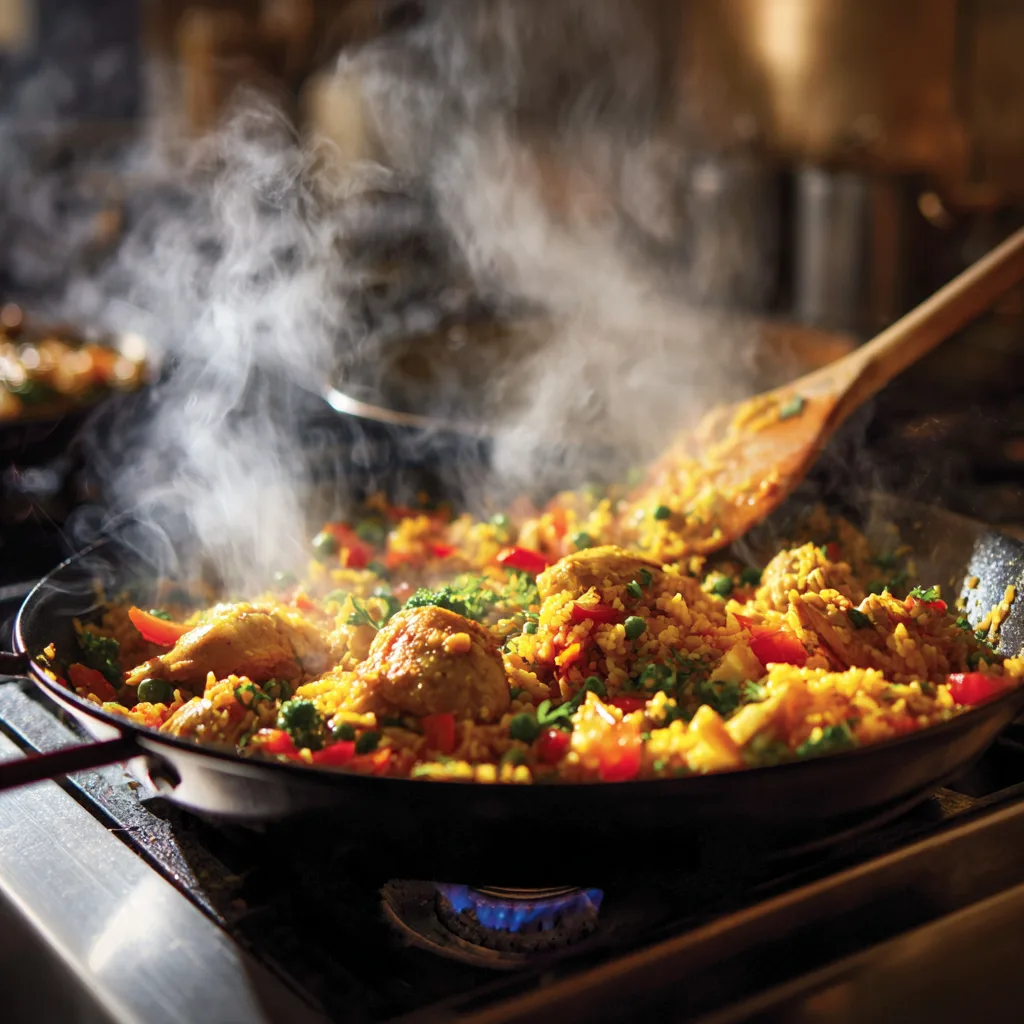 Cuisson riz aux légumes et poulet à la sauteuse avec vapeur