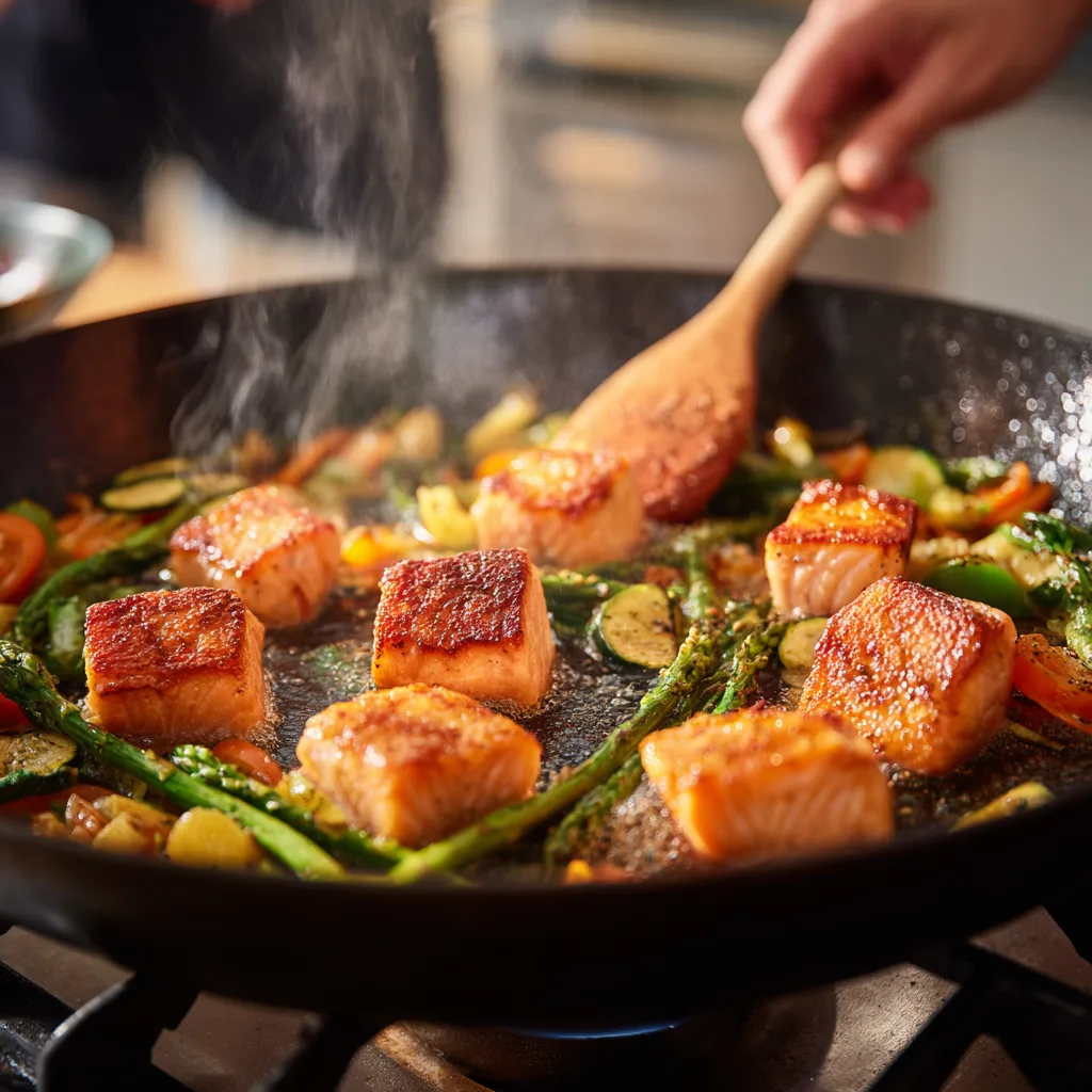 Cuisson saumon et légumes pour pâtes primavera au saumon