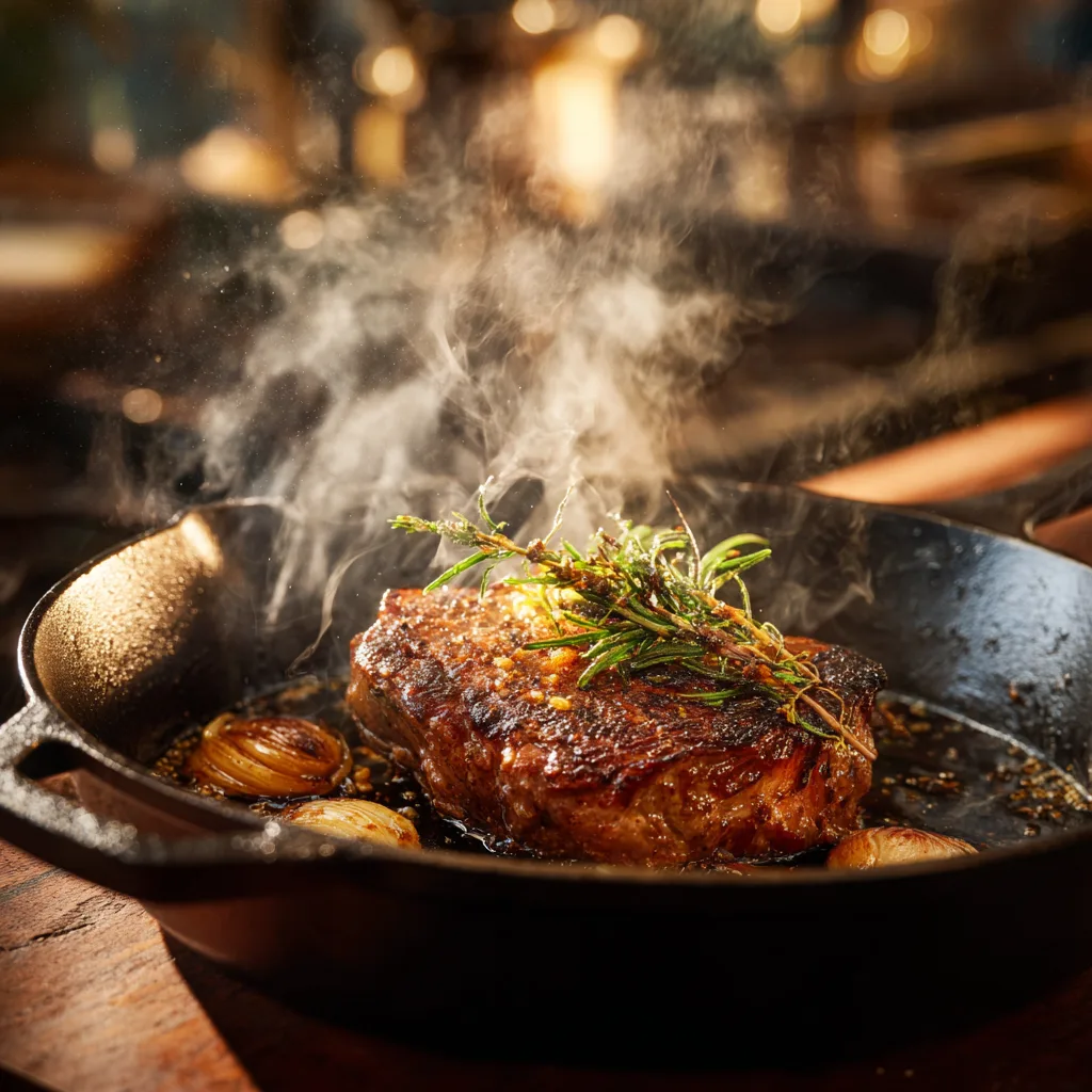 Cuisson du steak de bœuf au poivre dans une poêle en fonte avec échalotes et beurre