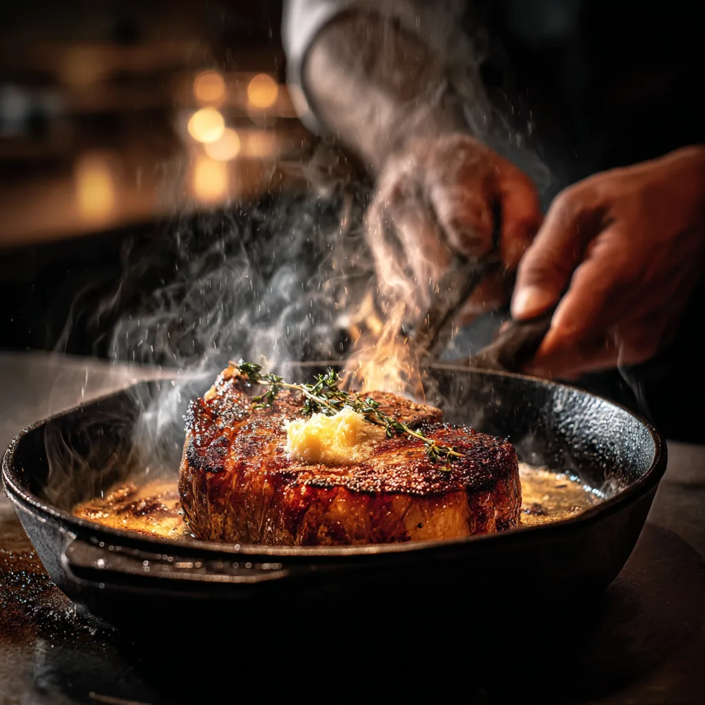Cuisson steak en fonte pour steak frites sauce béarnaise, saisie viande dorée beurre moussant
