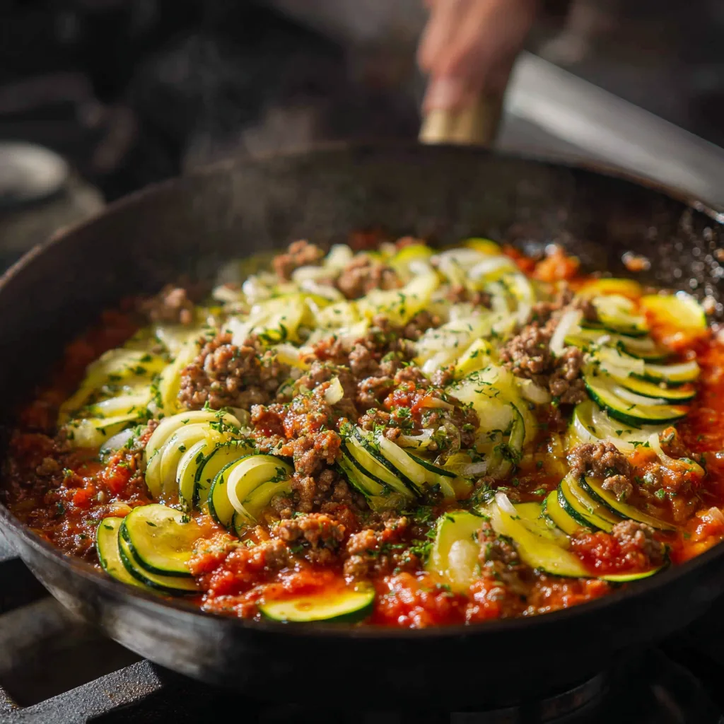 Cuisson de la viande hachée en sauce tomate pour le gratin de courgettes et viande hachée