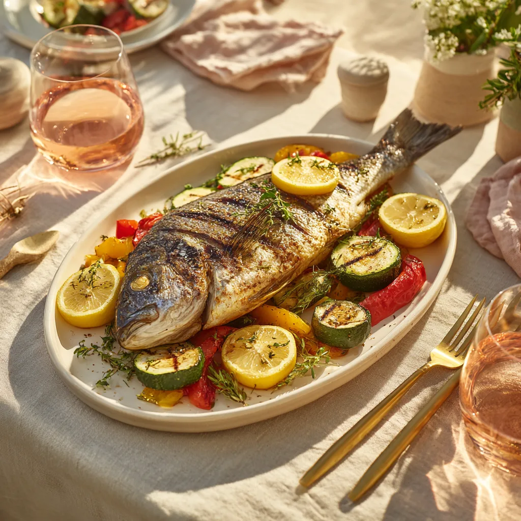 Dorade au barbecue au citron plat final présentation table dressée