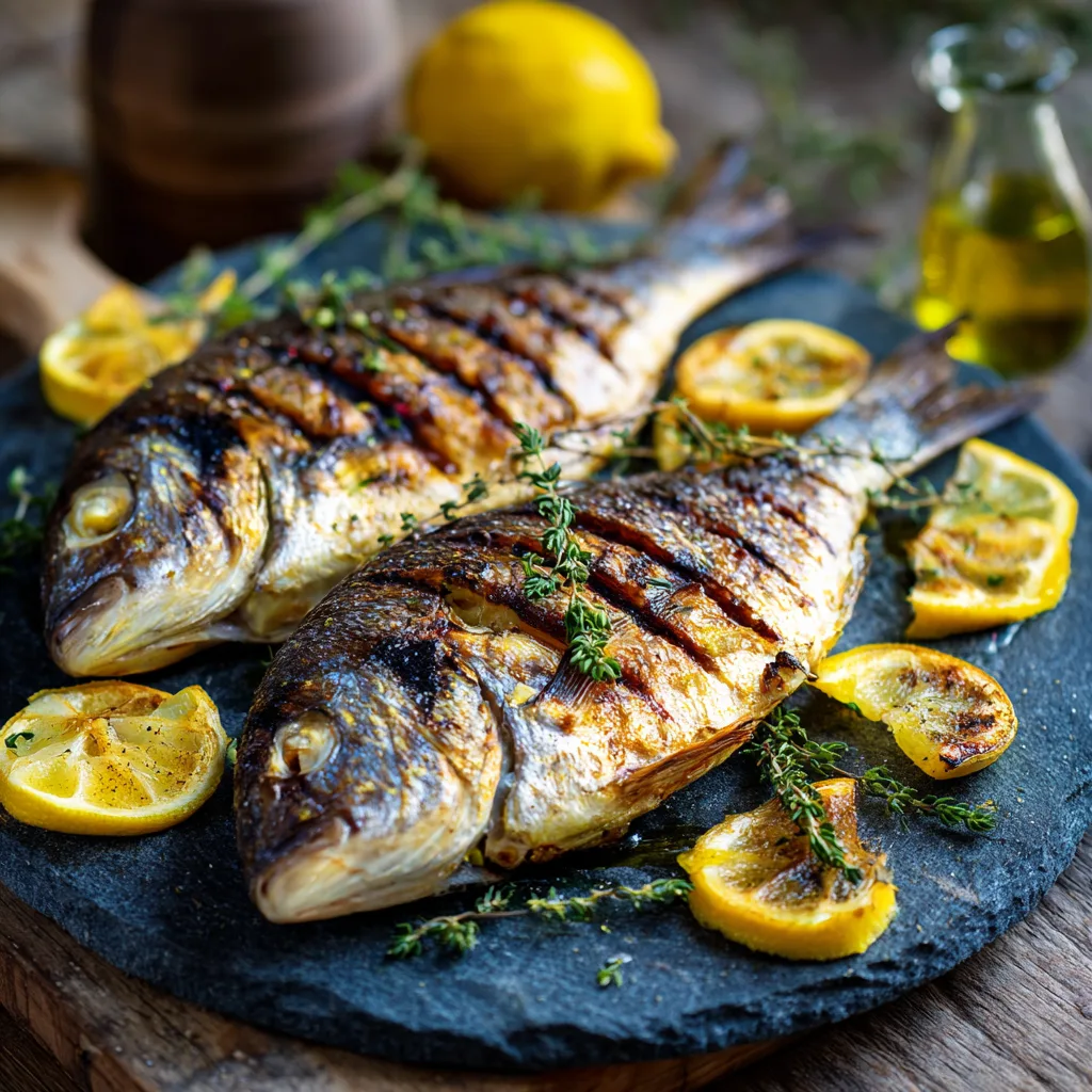 Dorade au barbecue au citron et thym vue de dessus sur ardoise
