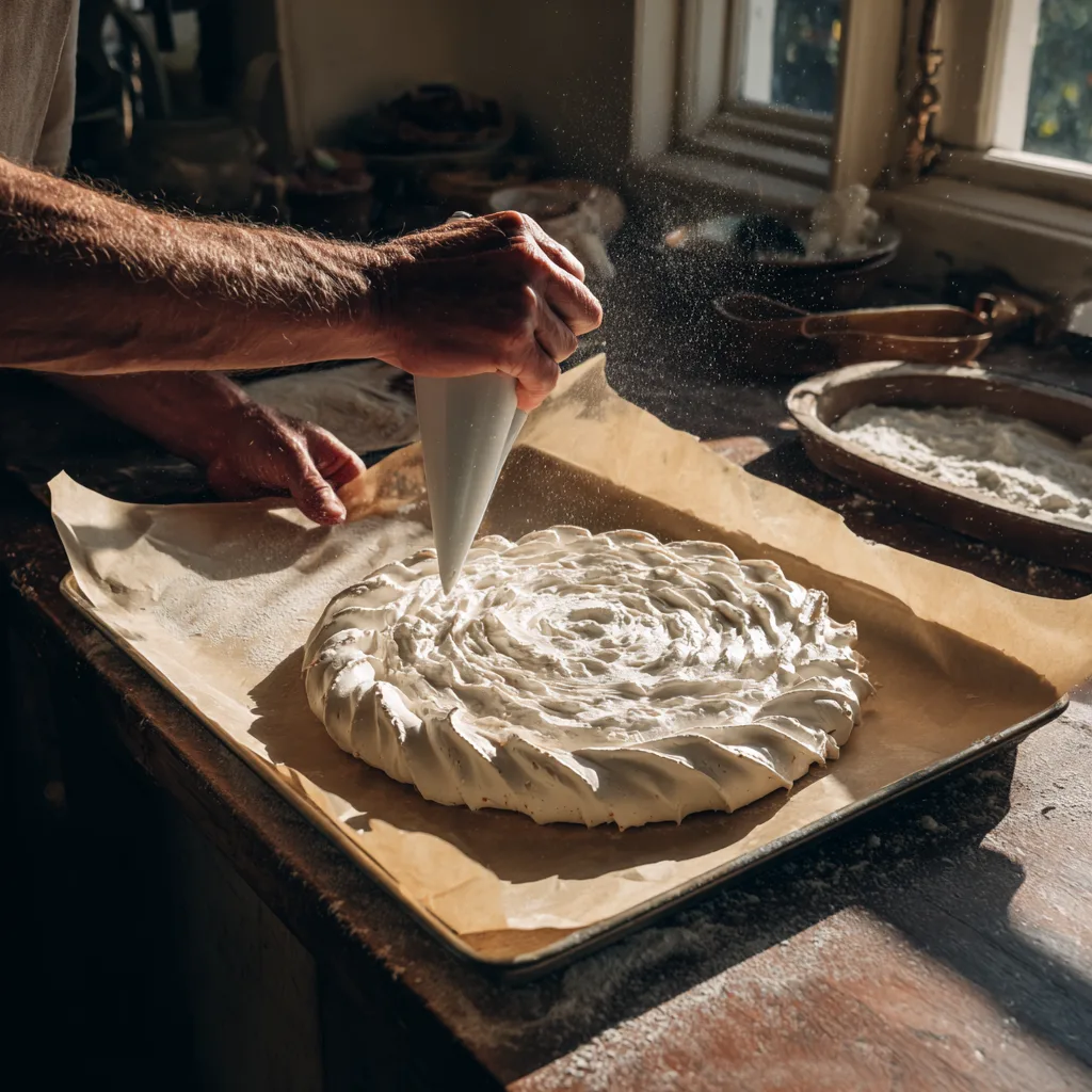 Dressage de la meringue Pavlova aux fruits rouges à la poche à douille sur papier sulfurisé