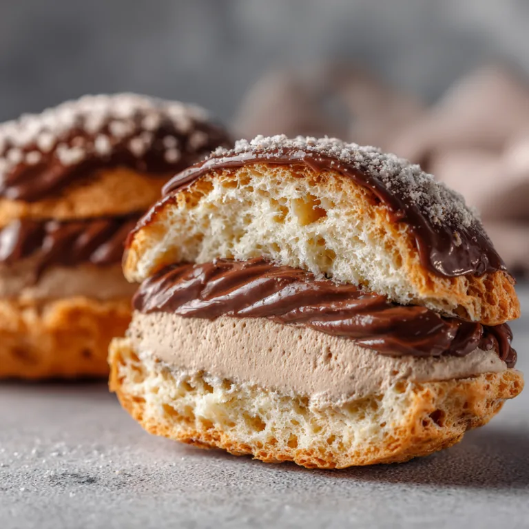 Gros plan d'un éclair au café maison coupé révélant la crème pâtissière café