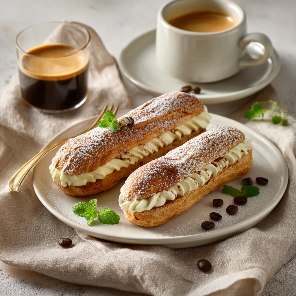 Présentation finale d'éclairs au café maison sur assiette blanche avec tasse de café