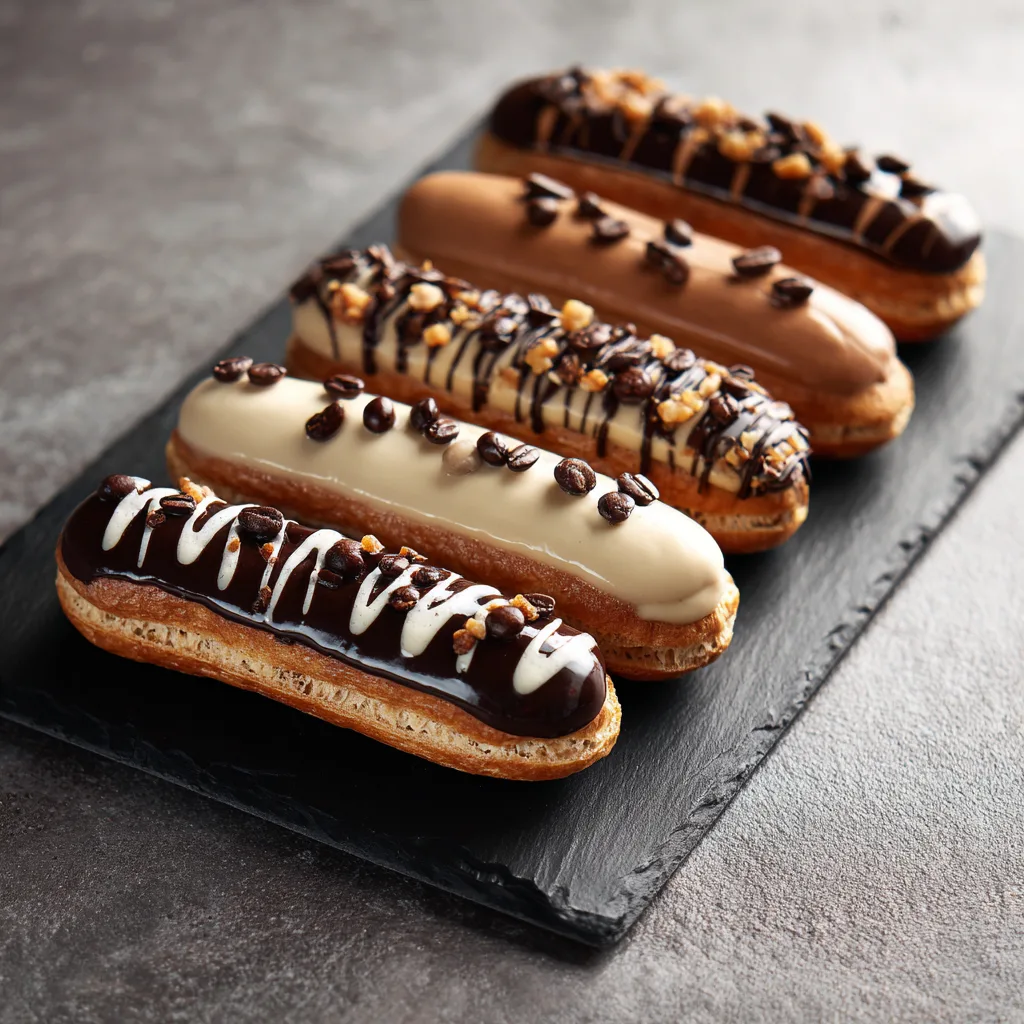 Éclairs au café maison sur ardoise noire avec glaçage brillant et grains de café