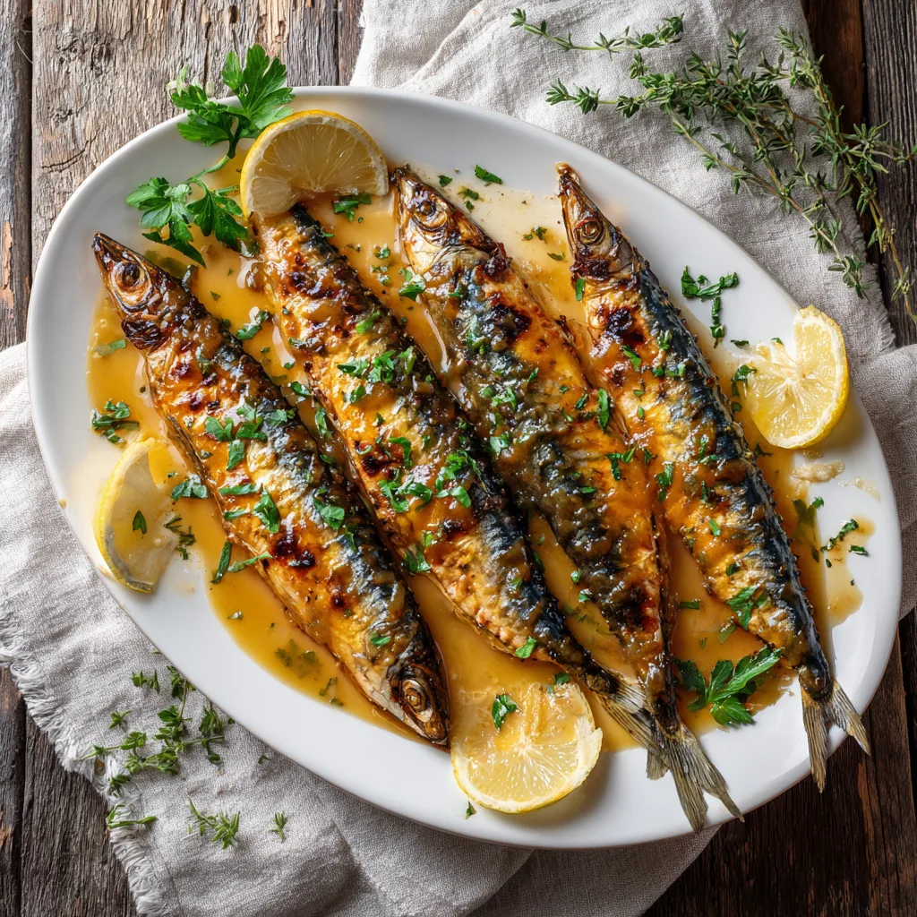 Filets de maquereau sauce moutarde miel dressés avec pommes de terre et haricots verts