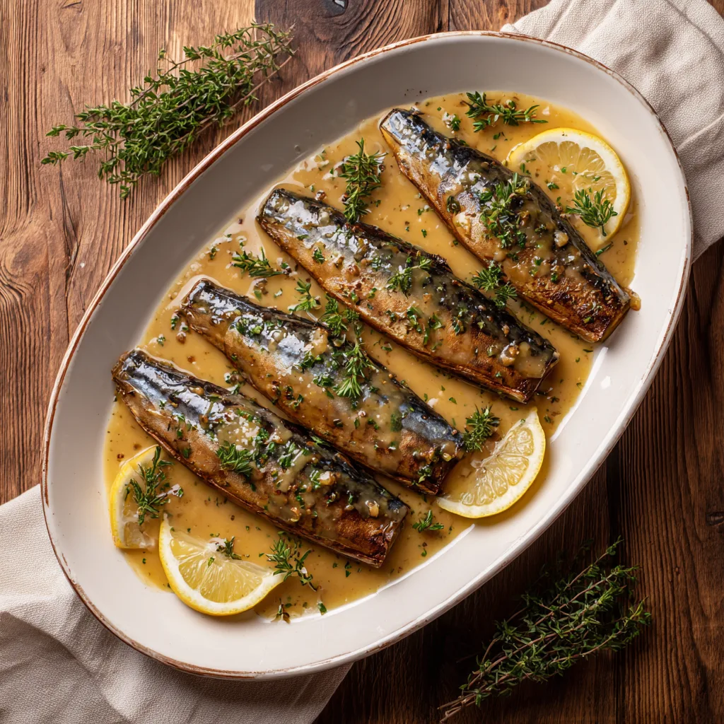 Filets de maquereau sauce moutarde miel servis dans un plat blanc, vue de dessus