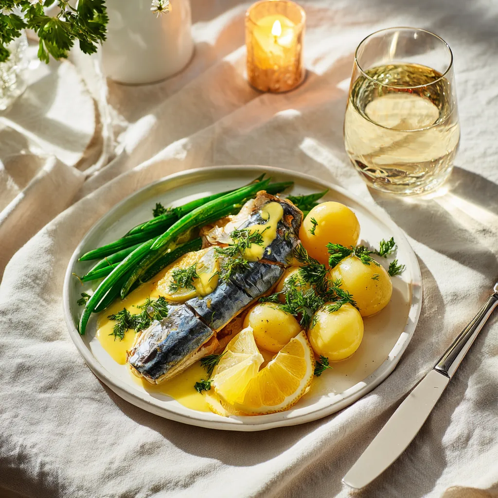 Filets de maquereau sauce moutarde miel dressés avec pommes de terre et haricots verts