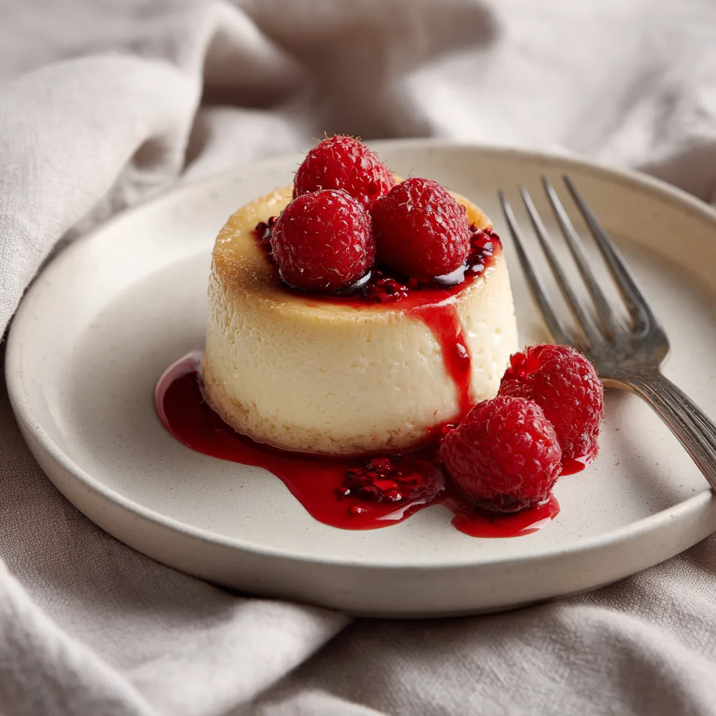 Part de flan pâtissier vanille assiette blanche coulis framboises