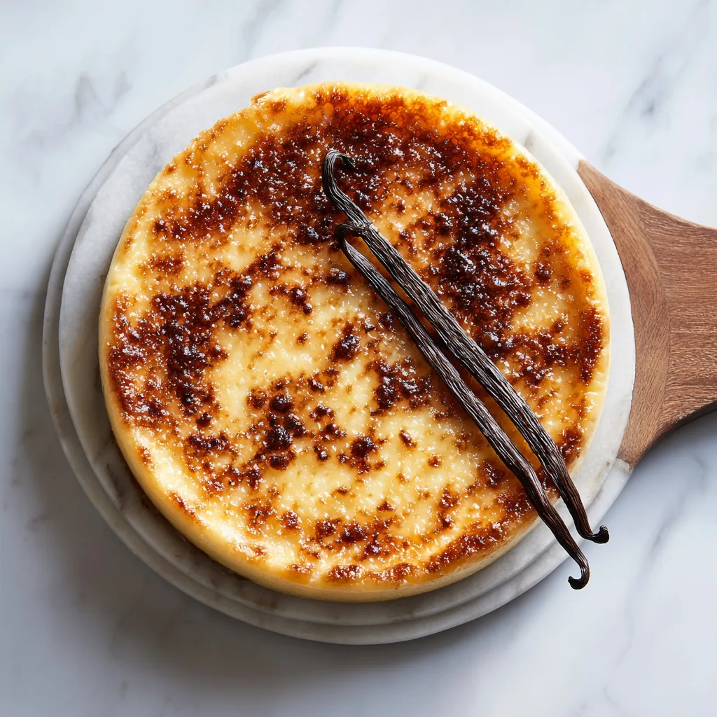 Flan pâtissier vanille entier vue de dessus sur marbre blanc