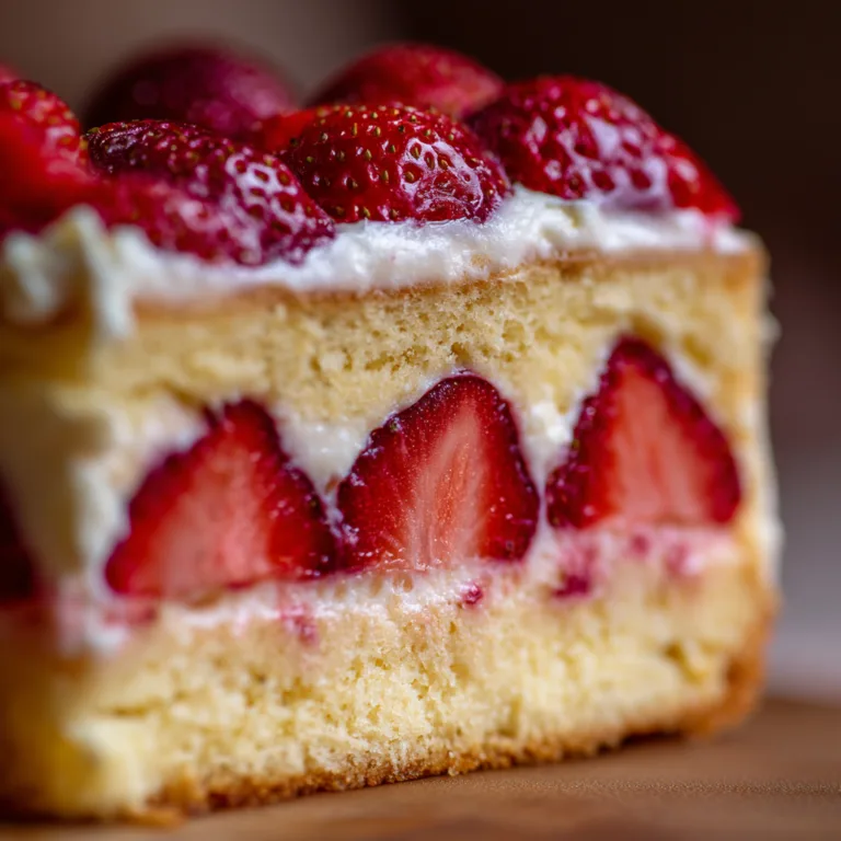 Gros plan coupe fraisier maison avec couches de génoise crème mousseline et fraises