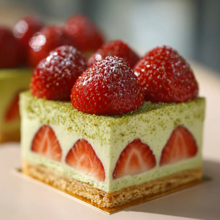 Gros plan coupe fraisier pistache crème et fraises