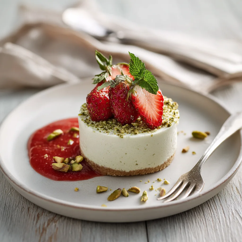 Part de fraisier pistache servie sur assiette blanche