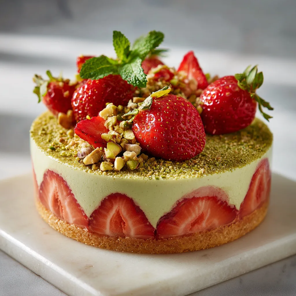 Fraisier pistache entier vue de dessus sur marbre blanc