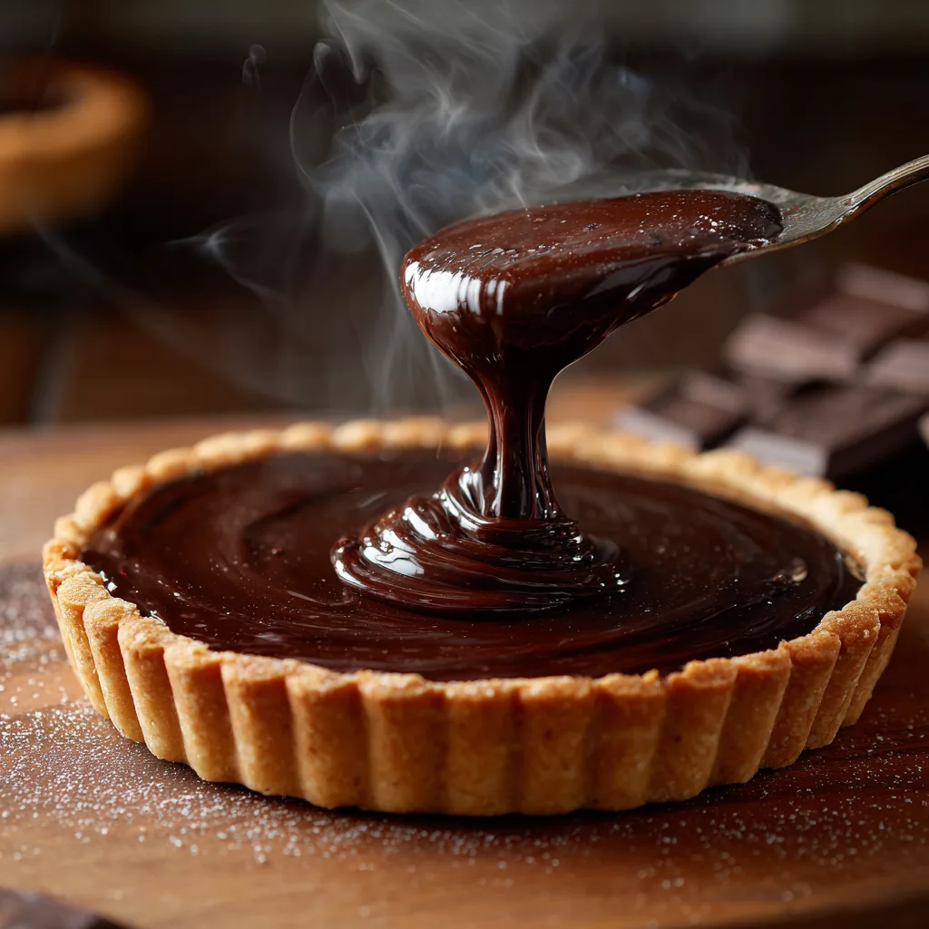 Versement de la ganache chocolat dans le fond de tarte pour la recette tarte chocolat fraises