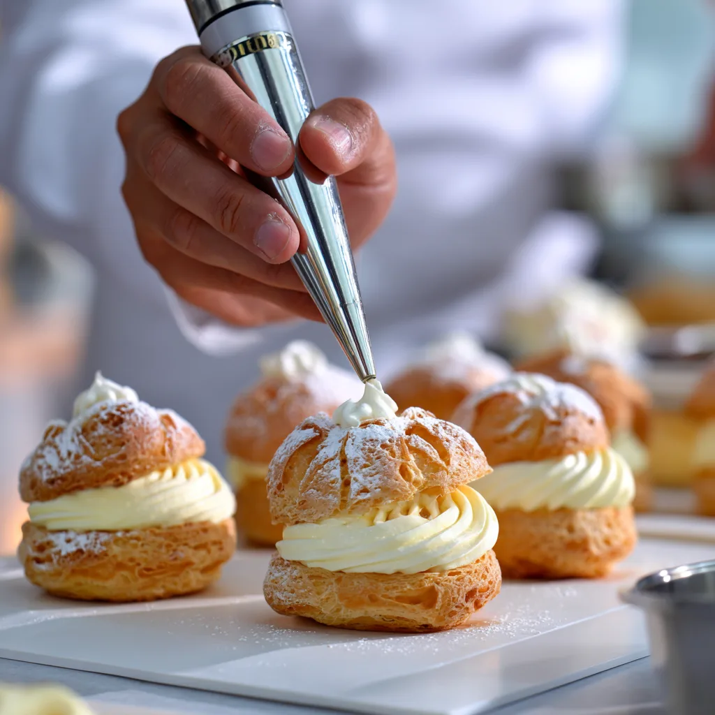 Garnissage des choux à la crème pâtissière avec une poche à douille