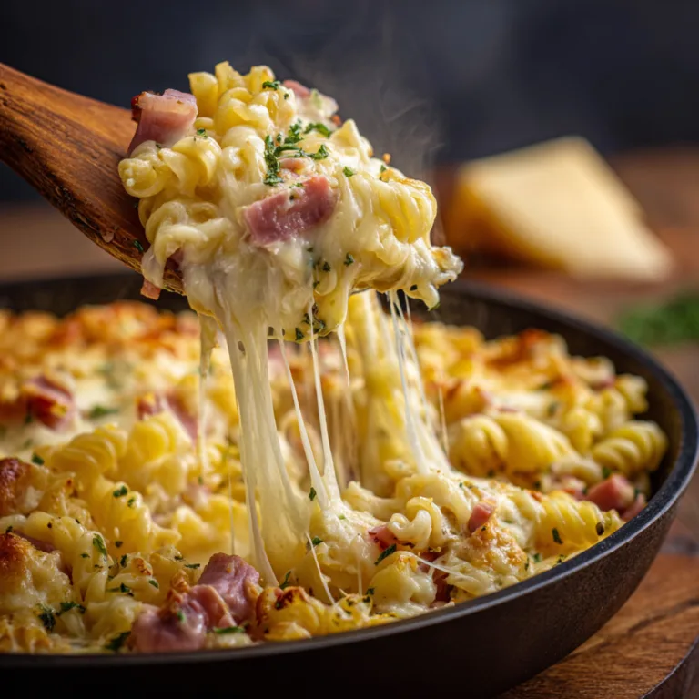 Gros plan sur une portion de gratin de coquillettes jambon fromage avec fromage filant