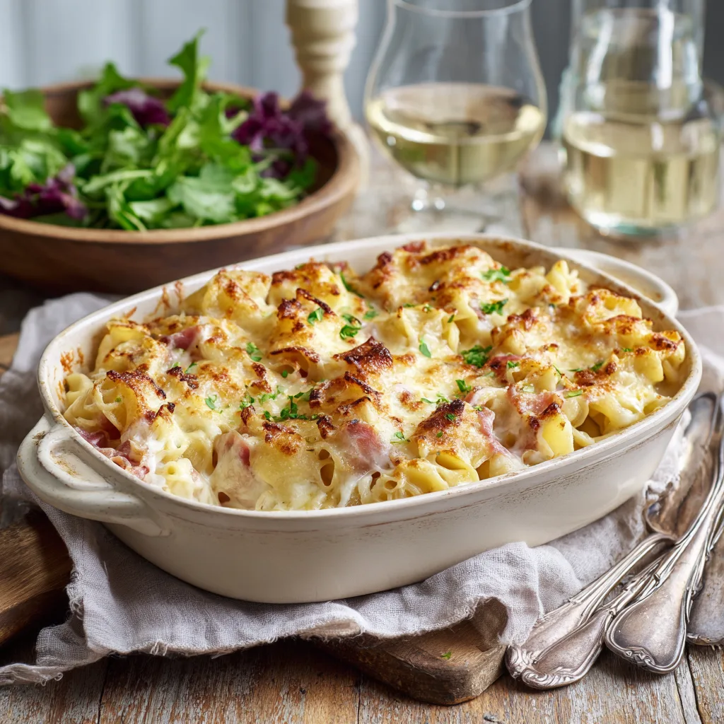 Gratin de coquillettes jambon fromage maison présenté sur une table dressée avec salade et vin blanc