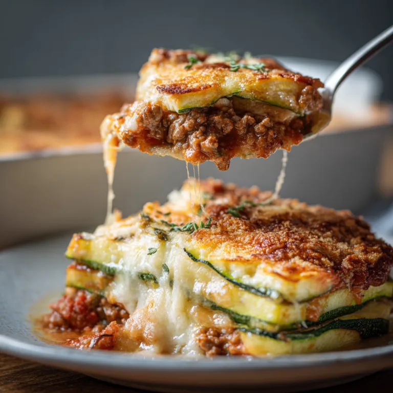 Gros plan sur les couches du gratin de courgettes et viande hachée avec fromage fondu