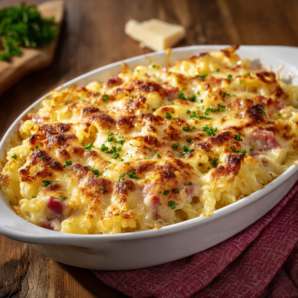 Gratin de coquillettes jambon fromage bien doré dans un plat en céramique blanche — vue de dessus