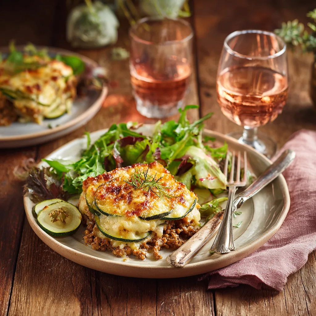 Assiette de gratin de courgettes et viande hachée servi avec salade verte et verre de rosé