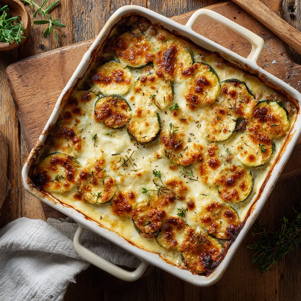 Gratin de courgettes et viande hachée doré dans un plat en céramique blanche