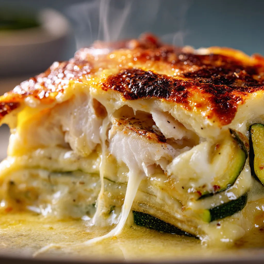 Gros plan sur une part de gratin de poisson aux courgettes révélant sa texture crémeuse